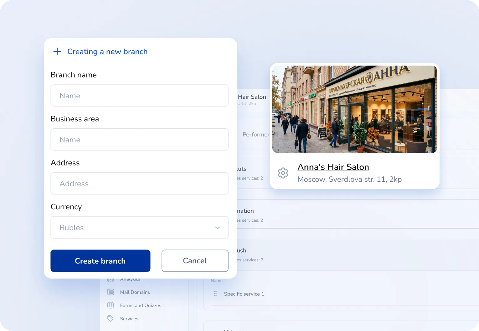 Configuração de filiais e serviços